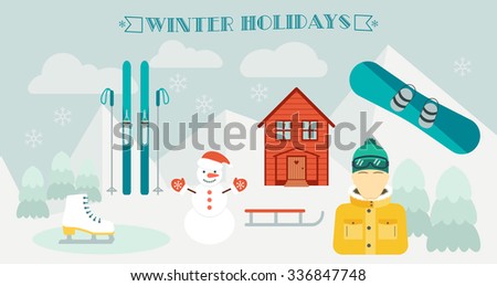 Winter holidays. Winter sport. Ski resort.  Icons in the flat design. Horizontal banner and background. Vector illustration