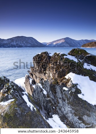 Winter dawn. Lake Teletskoye, Altai Republic, Russia
