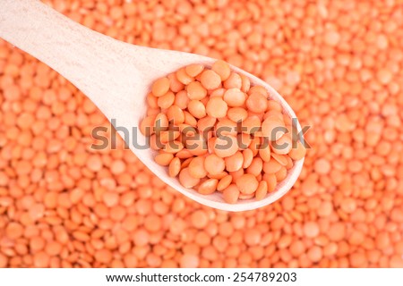 Wooden spoon with red lentils on a background grains