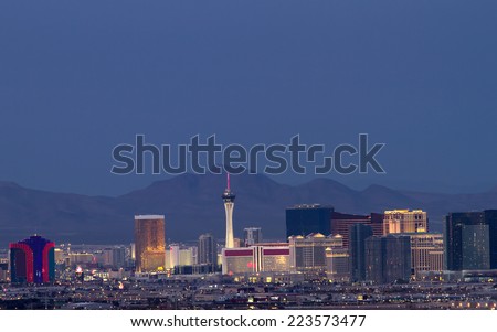 Horizontal photo of Las Vegas skyline at dusk.