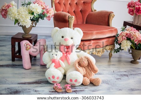 Soft toy bear and bunny in the interior