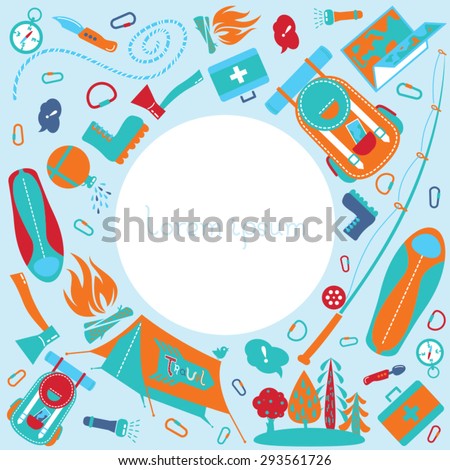Cute cartoon background with flat icons of equipment for hiking, fishing, camping, outdoor and recreation activity. Modern vector symbols and icons. Travel and tourism poster with empty space for text