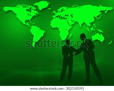 Two businessmen in a handshake in front of the world map.