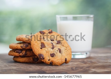 Stack Of Chocolate Chip Cookie And Glass Of Milk