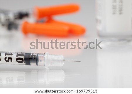 Close-up of Insulin syringes & vial