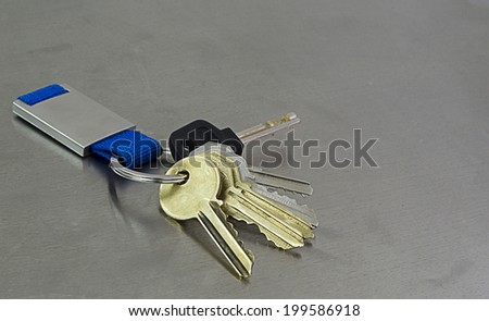 Many house security keys on a metallic surface with key chain.