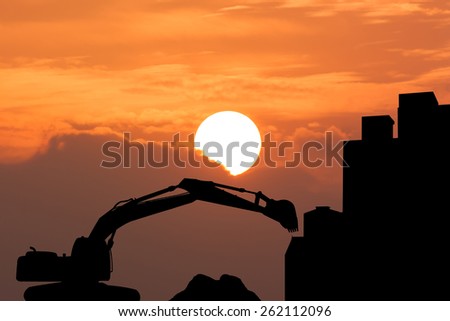 silhouette of  excavator Construction works, construction machinery, bulldozer, excavation, factory