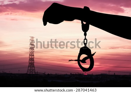 silhouette of hand women in shackle and eagle fly on the sky in city  the sunset background