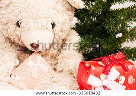 christmas concept,teddy bear and red box gift