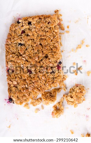 Homemade  Oat bars with honey and currant. Top view.