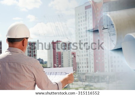 Collage with construction plans and an engineer examining blueprints