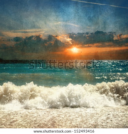 sea with waves and sunset - retro style picture