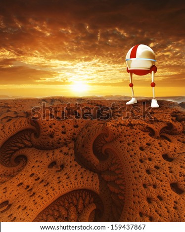 Virtual landscape with sunset and robot