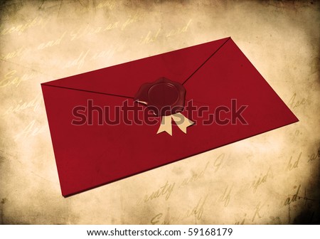red envelope sealed with red wax seal isolated on grunge background