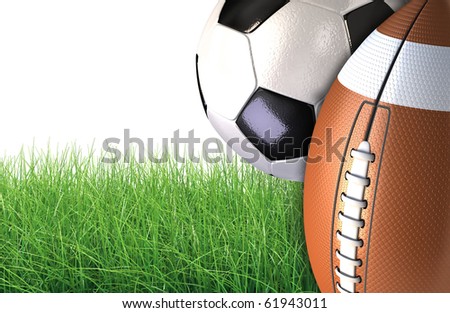 sports balls on a green grass, including an American football and a soccer ball