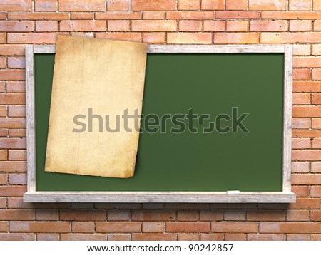 blackboard with old paper for notes on brick wall