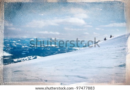 winter mountains covered with snow - picture in retro style