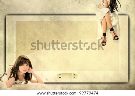 big screen and two girls, one sitting on it, one lying near it - picture in retro style