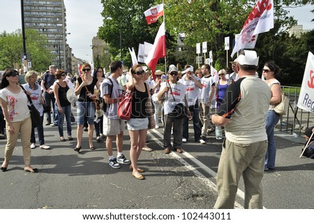 WARSAW, POLAND - MAY 11: Unidentified members of trade union, protest against pension reform. The protest was organized by Solidarity trade union, outside parliament on May 11, 2012 in Warsaw, Poland