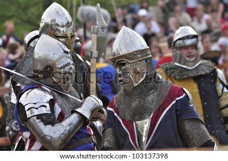 WARSAW, POLAND - MAY 03: Unidentified participants waiting for the battle during the International Festival of the Middle Ages \
