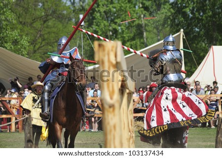 WARSAW, POLAND - MAY 03: Knights jousting at the International Festival of historical Reenactment of the Middle Ages \
