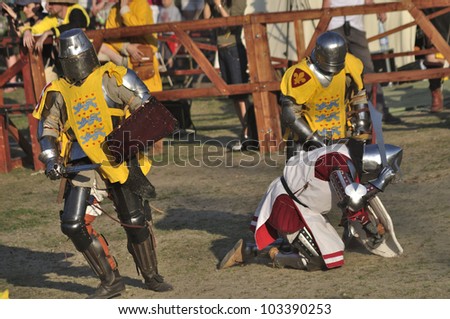 WARSAW, POLAND - MAY 01: Knights fighting in group battle during the International Festival of historical Reenactment of the Middle Ages \