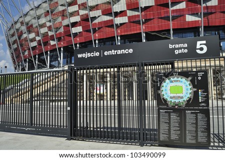 WARSAW - MAY 20: Entrance to the National Stadium on May 20, 2012 in Warsaw, Poland. The stadium is one of the venues for the UEFA Euro 2012 hosted jointly by Poland and Ukraine.