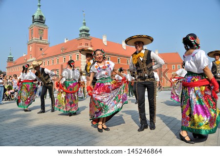 Warsaw - August 27: Dancers Of Folklore Ensemble &Quot;Vallarta Azteca&Quot; From Mexico - Street Parade During The International Folklore Festival &Quot;Warsfolk&Quot; ; On August 27, 2011 In Warsaw, Poland. Stock Photo 145246864 : Shutte