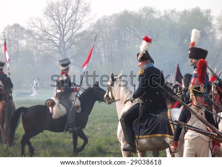 RASZYN - APRIL 18: Participants of Polish commanders reenact the historical Battle of Raszyn in 1809 April 18, 2009 in Poland.