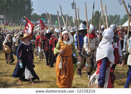 GRUNWALD - JULY 18: Participants of historical reenactment 1410 Battle of Grunwald, Kingdom of Poland and the Grand Duchy of Lithuania against the Teutonic Order July 18, 2009 in Grunwald, Poland