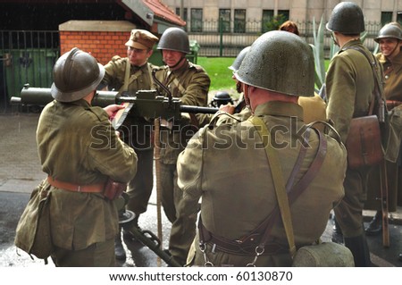 WARSAW - AUGUST 29: Participants of defense of Warsaw against the German invasion (at the beginning of World War II), reenact the Polish soldiers on August 29, 2010 in Warsaw, Poland.