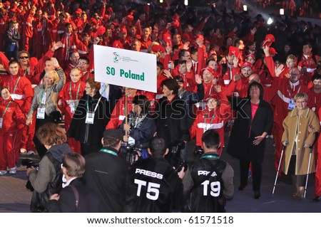 WARSAW - SEPT 18: Sports delegation from Poland during the Special Olympics European Summer Games opening ceremony at the Legia Stadium on September 18, 2010 in Warsaw, Poland.