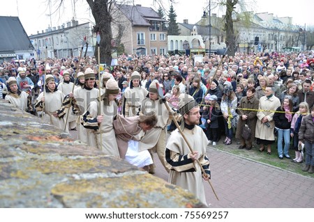 GORA KALWARIA - APRIL 17: Actors reenact scene of Jesus brought to Pilate by the Sanhedrin, during the street performances Mystery of the Passion on April 17, 2011 in Gora Kalwaria, Poland.