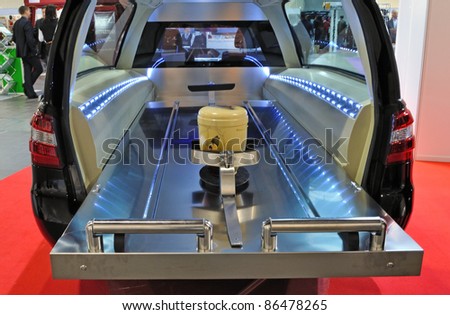 WARSAW - NOVEMBER 20: Burial urn in a hearse at the exhibition of funeral industry \
