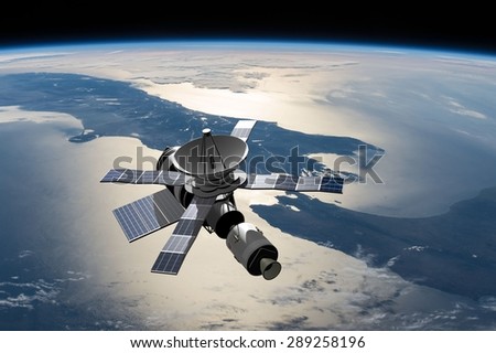 A modified version of Skylab - satellite laboratory for scientific experiments, orbiting over New Zealand - 3D Scene. Elements of this illustration furnished by NASA.
