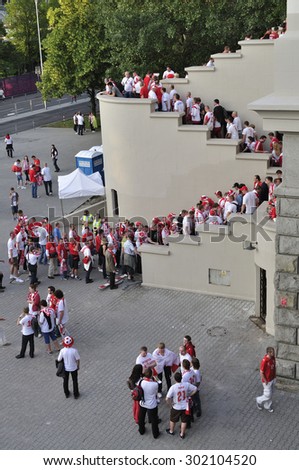 WARSAW, POLAND - JUNE 8, 2012 - Poland fans outside the National Stadium after the UEFA EURO 2012 Group A match against Greece.