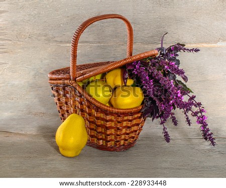 Ripe yellow pears in a wicker basket with a bouquet of purple mint on a wooden background