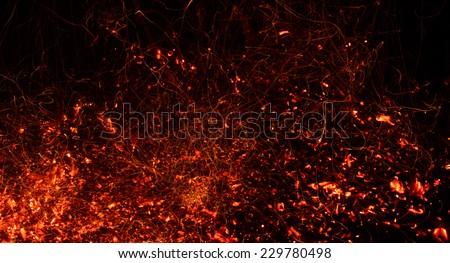 Sparks from the fire on the dark background
