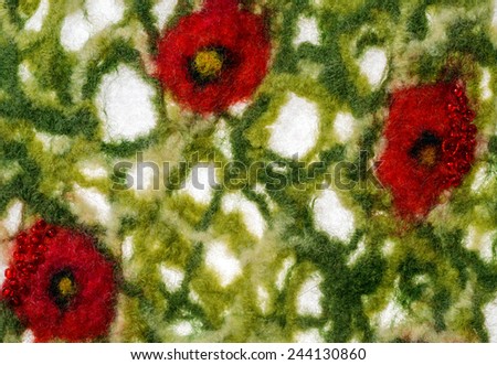 Green fabric texture of wool with red poppies.  Craft background