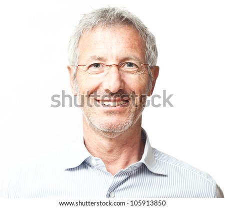 Elegant smiling mature man portrait wearing a pair of glasses isolated on white background