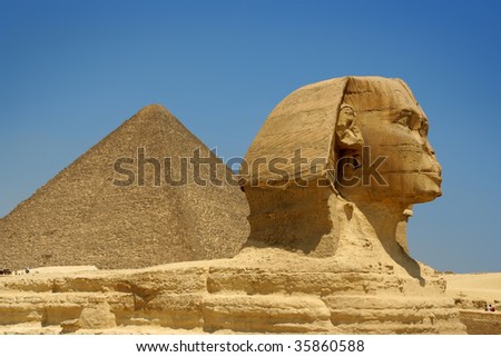 Egyptian sphinx and pyramid in Cairo.