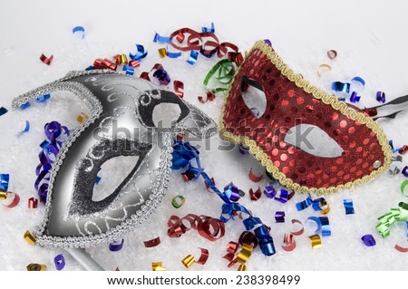 New Year\'s Masked Party with Grey and Red Masks