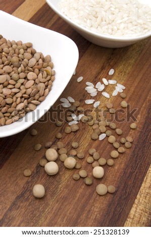 Lentils, Rice and Peas on Wood Cutting Board