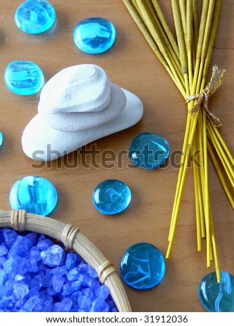 Herbal salt, aroma sticks and zen stones. Spa background series.