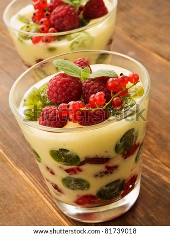 Glasses with lemon cream and fresh berries. Shallow dof.