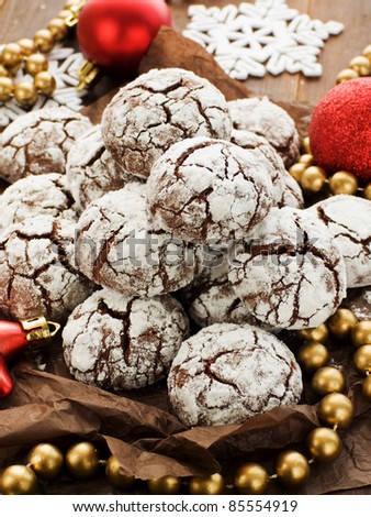 Chocolate snow cap cookies for Christmas. Shallow dof.