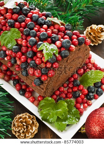 Homemade christmas chocolate yule log with wild berries. Shallow dof.
