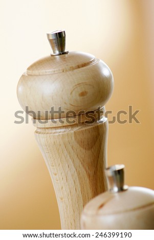 SALT AND PEPPER GRINDERS - A shot of the top of salt and pepper condiments