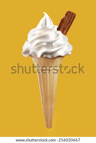 ICE CREAM CONE WITH FLAKE - An ice cream cone with a chocolate flake isolated on a deep yellow background