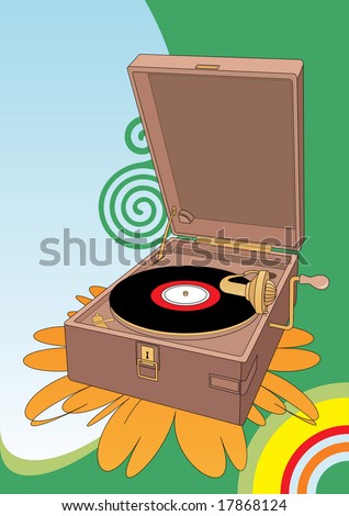 The old player costs on a flower. On it the old vinyl disk lies. The composition is surrounded with colour circles and spirals.